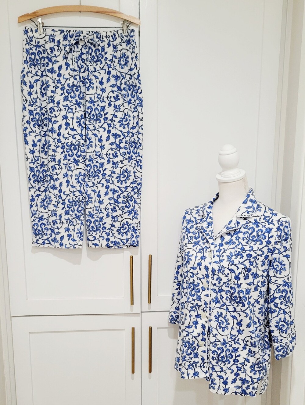 Lauren Ralph Lauren Blue White 100% Cotton 2 Piece Pajama Set Women's M